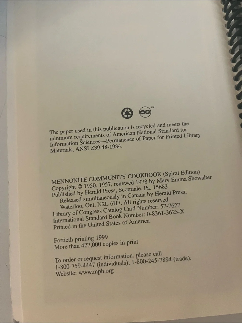Mennonite Community Cookbook Spiral Edition Mary Emma Showalter 1999 Cookbook